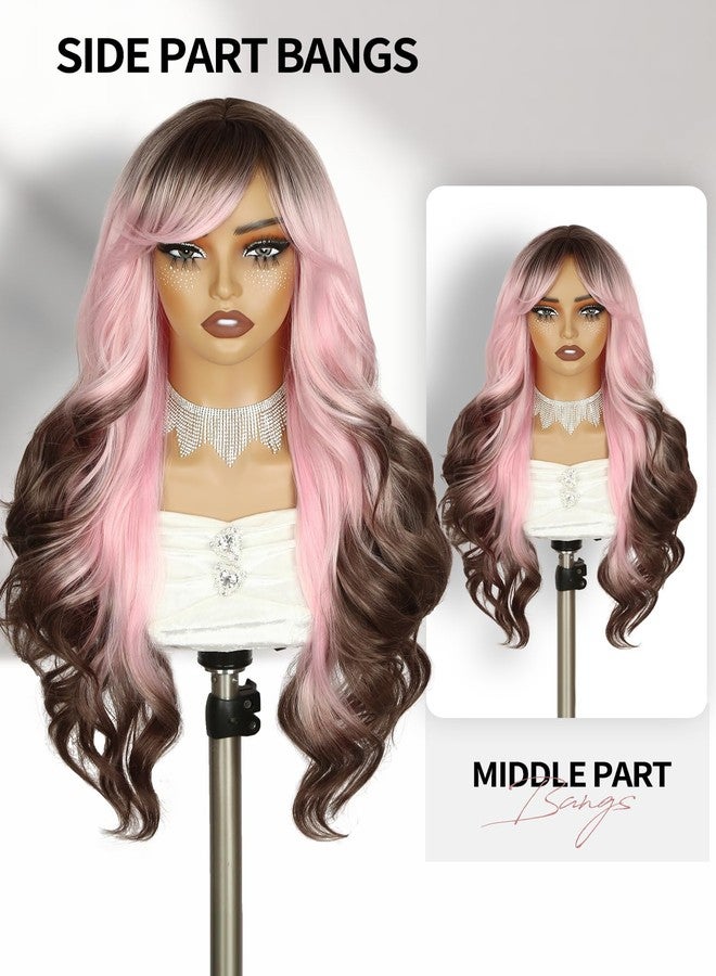 WIGER Long Wavy Hair With Bangs, Pink Romantic Curly Hair With Brown Roots and Ends, Layered Synthetic Curly Hair Brown Ombre Pink Wig for Women Music Festival/Carnival/Valentine's Day wig - Image 2